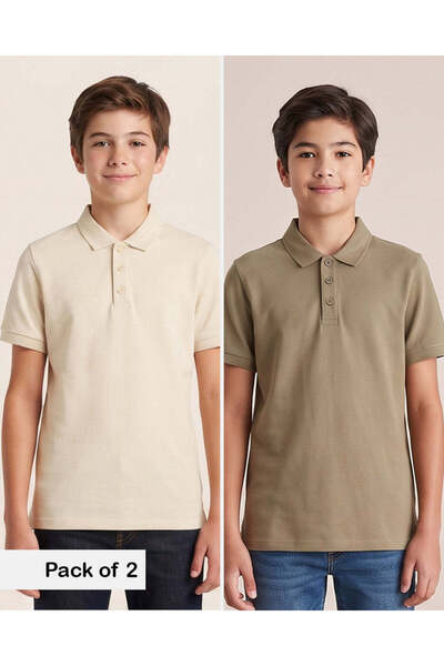REDTAG Senior Boys Beige And Olive Polo T-Shirt Set (Pack Of 2)