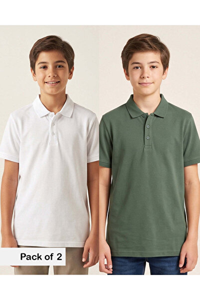REDTAG Senior Boys Green And White Polo T-Shirt Set (Pack Of 2)
