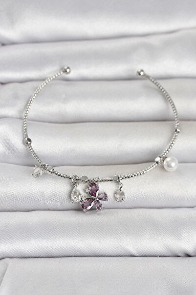 ARMÜZ Brass Silver Color Purple Butterfly Detailed Charm Women's Bracelet
