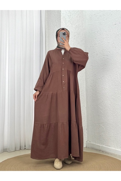 MİHRA STORE Nurperi Muslin Casual 6-Button Dress-Na2416 Milk Coffee