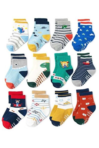 Arabest 12 زوجًا من جوارب الأطفال، جوارب قطنية مخططة غير قابلة للانزلاق، متعد...