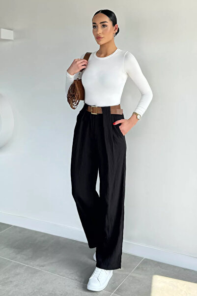 Aryena Black Leather Belted Pleated Wide-Leg Berussa Trousers