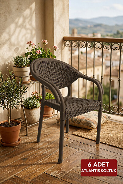 Alezy Atlantis Plastik Rattan Desenli Kollu Bahçe Balkon Koltuk 6 Adet Kahver...