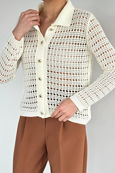 Aryena Cream Women's Polo Collar Openwork Front Buttoned Knitwear Cardigan