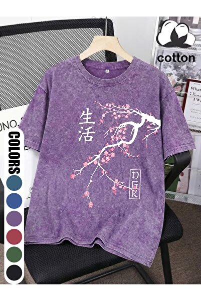 Toum Sakura Flowers Printed Washable Vintage Unisex Oversize T-Shirt