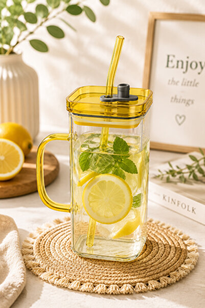 PUPSI Pahar cu Pai din Sticlă 400 ml, 14 × 6 cm, cu Mâner, Capac Etanș și Pai...