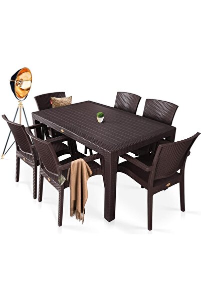 Rattan Masa Takımı 80 x 140 Camsız Masa 6 Kişilik Sandalye Seti Bahçe Balkon Teras Takımı