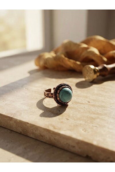 Meneva Aksesuar Turquoise Authentic Patterned Copper Body Adjustable Ring wit...
