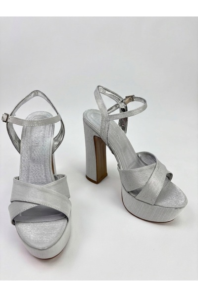 Nubbock Luna Silver Cross-Strapped Platform 11cm Heeled Evening Dress (Neolit...