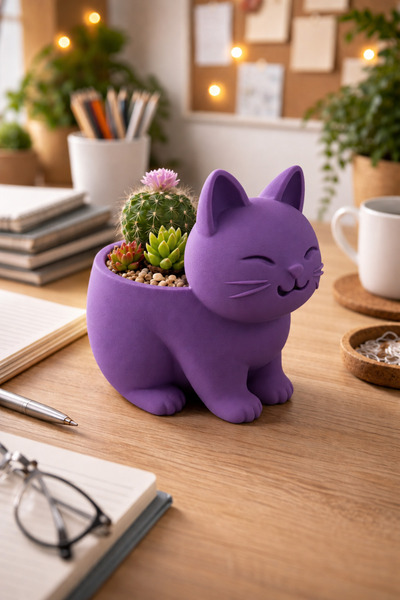 Otscraft Studio Kedi Sukulent Saksısı 3D Baskı Dekoratif Çiçek Saksısı Masaüs...
