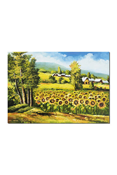 artnova Tablou peisaj cu floarea soarelui si case pictat manual, Amintiri, 70...
