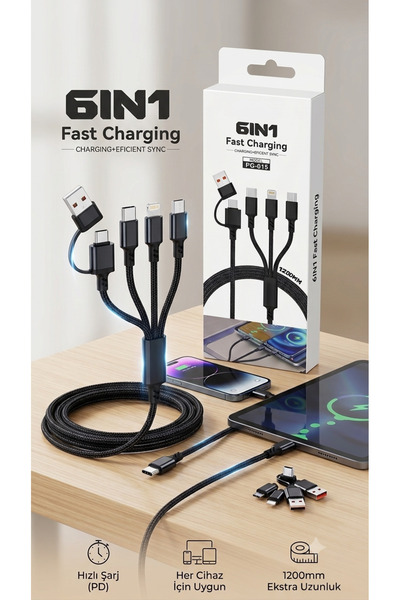 Mmctech Çok Uçlu Çoklu 6in1 Kablo Üçlü Örgülü Hızlı Şarj Kablosu 1.2m