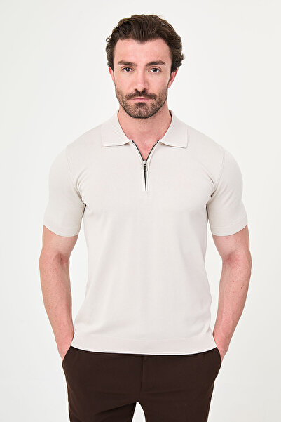 Mcr Plain Slim Fit Zippered Polo Collar Men's Knitwear T-Shirt Light Beige - ...