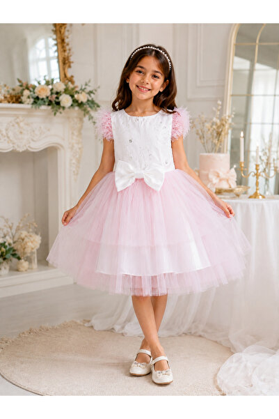 Joyful missy Joyful 53907-26 Stone Embellished Bow Fluffy Tulle Girls' Evenin...