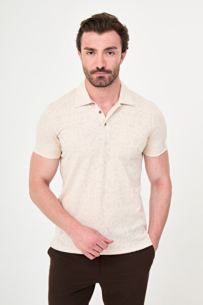 Mcr Patterned Slim Fit Polo Collar Short Sleeve Men's T-Shirt Beige - 36892.26Y