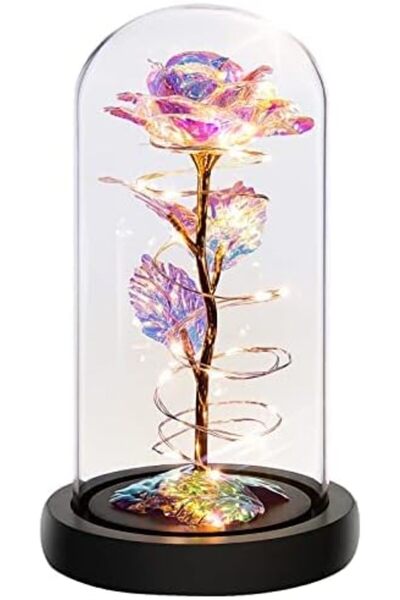HXD Zoomlion Artificial 24K Gold Foil Rose in Glass Dome with LED Lights – Ro...