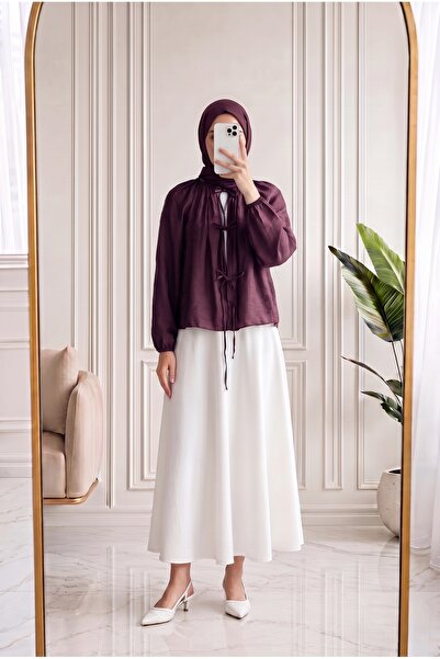 MİHRA STORE Dilşad Gathered Tulle Blouse with Ties-Nl965 Plum