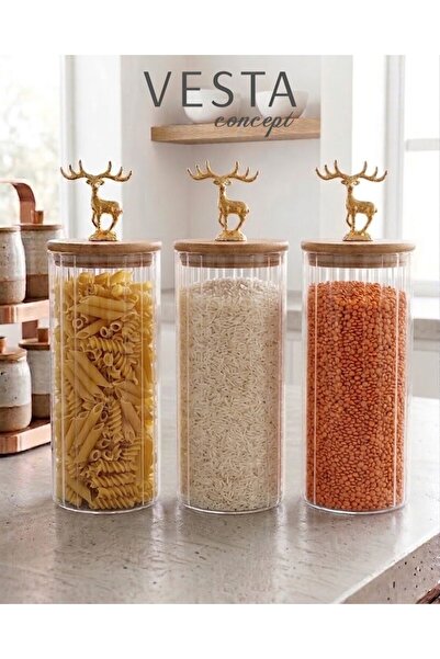 VESTA Concept Set of 3 1.3 Lt Vacuum Glass Food Storage Containers with Deer-...