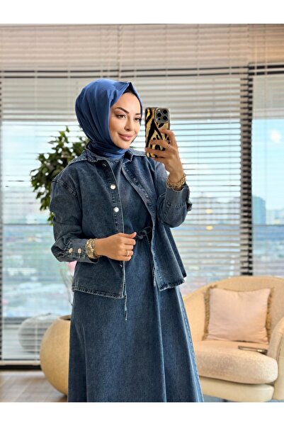 ALANURMODA 7525 جيليه توب شيرت طقم جينز من قطعتين باللون الأزرق