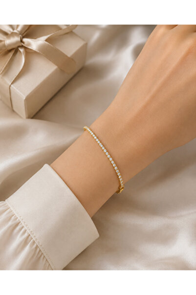 Belasso Steel Gold Color Zircon Stone Single Row Waterway Women's Bracelet