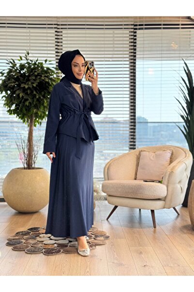 Asil 2617 Eyfel Linen Skirt Suit Navy Blue