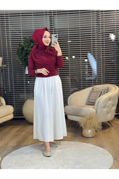 ALANURMODA 24294 بلوزة درابيللي باللون الأحمر الداكن