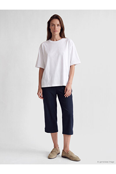 LC Waikiki Navy Blue Elastic Waist Linen Blend Women's Capri Pants