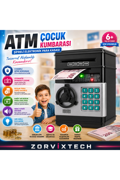 ZorvixTech ATM Çocuk Kumbarası Şifreli Elektronik Para Kasası Otomatik Para Ç...