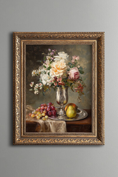 epiqart Silver Vase with Flowers and Fruits - Vintage Patterned Painting - Th...