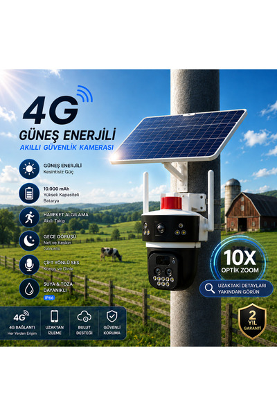 UMSN 3x4MP (4+4+4) | Güneş Panelli Kamera | 4G Sim Kartlı | 360° 10X Zoom | A...