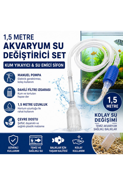 MDSTECH Akvaryum Su Değiştirici 1,5 Metre Kum Temizleyici Manuel Sifon Pompas...