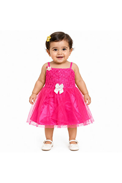 Generic Girls' Party Dress with Layered Tulle and Floral Details and Elegant Bow