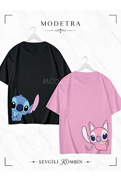 Modetra Kadın Erkek Lilo Angel Stitch Arka Bel Baskılı Sevgili Çift Kombini O...