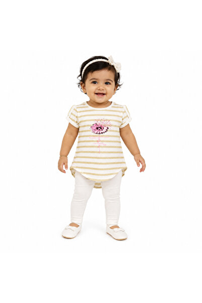 Generic Girls Striped T-Shirt with Pink Rose and Gold Stripes Print |   Short...