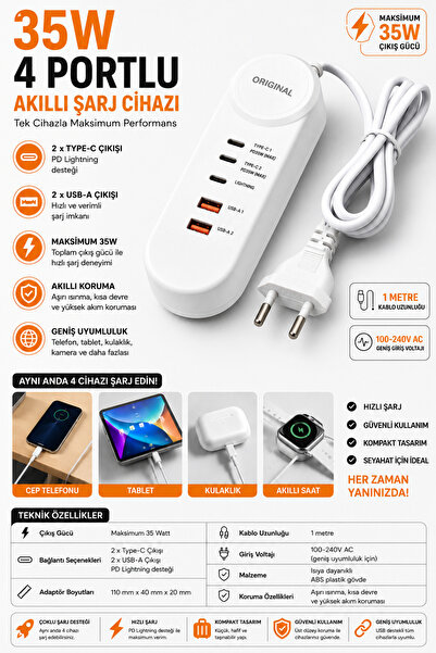 Zoli 35W 4 Portlu Hızlı Şarj Cihazı,2 Type-C + 2 USB-A + Lightning Giriş, Akı...