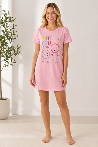 NBB Women's Short Nightgown, 100% Cotton, Printed, Short Sleeve, Pink