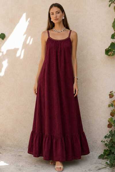 CES.İZ Women's Embroidered Long Dress with Straps – Italian Model Loose Summe...