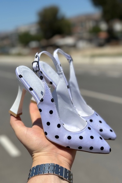 topuksarayı Milano White Black Polka Dot Pointed Toe Slingback Stylish High H...