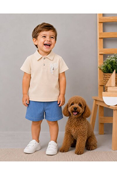 P&H BABYWEAR Baby Boy Summer Polo Collar Elephant Embroidered Striped Shorts Set