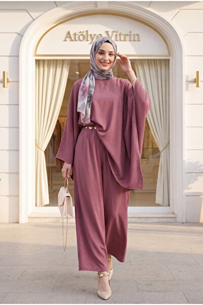 Modamorfo Asymmetrical Cut Wide Sleeve Belted Modal Suit with Wide Leg Pants ...