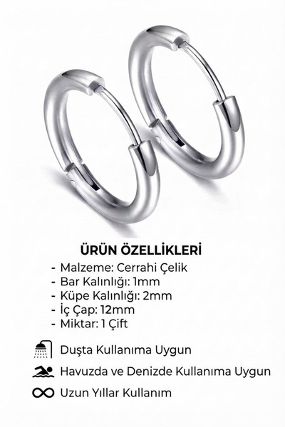 Blisse Piercing Unisex Silver Color 12 mm Steel Classic Model Steel Hoop Earring