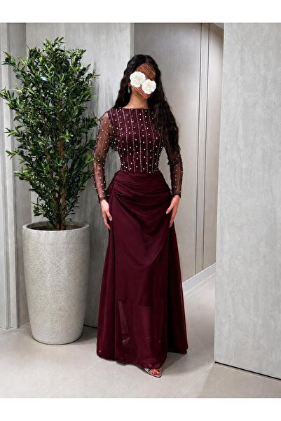 led style Crystal Beading Midi Length Evening Dress with Sheer Sleeves