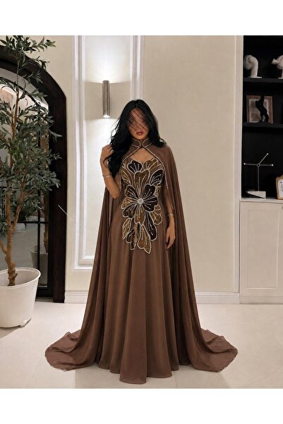 led style Luxury Velvet Rose Embroidery Cape Evening Dress