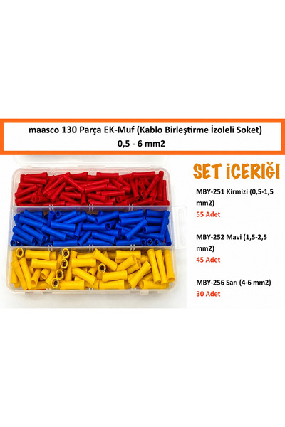 maasco 130 parça kablo ek mufu izoleli sıkmalı kablo birleştirici seti (0,5-6 mm2)