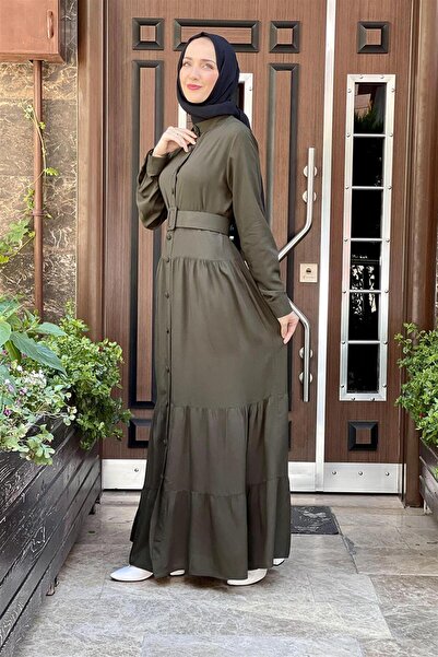 Mestore فستان حجاب بأزرار كاكي