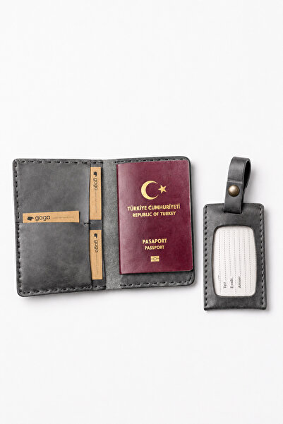 GAGA Deri Hakiki Dana Derisi Pasaportluk ve Valiz Etiketi Seti Unisex