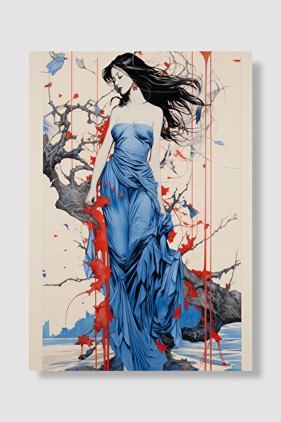 Luna Marissa Poster cu femeie în rochie albastră, păr lung și negru, ilustraț...