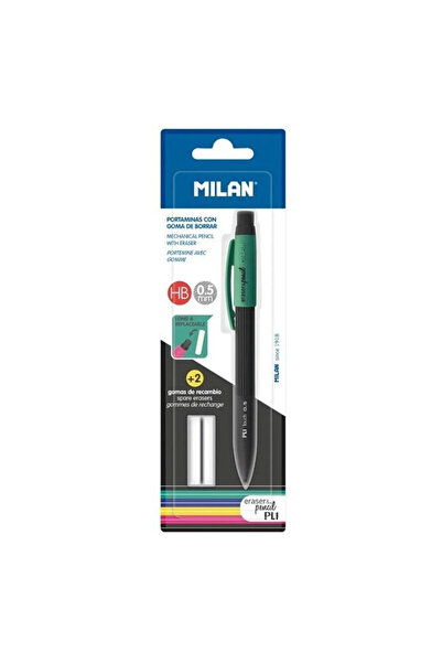 Milan Creion mecanic PL1 0,5 mm HB, cu guma si 2 gume de rezerva, negru/verde...