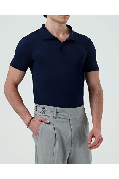 TerziAdemAltun Italian Style Slim Fit Polo Collar Men's T-Shirt Navy Blue T12673