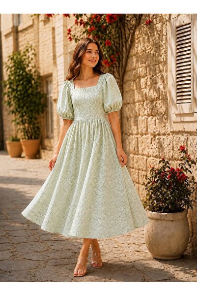 KÜÇÜĞÜM BUTİK Water Green Daisy Square Neck Flared Women's Dress